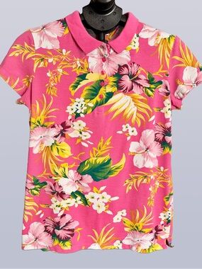oodji Ultra Floral Cotton Polo Shirt | Pink Tropical Print | Size L/XL